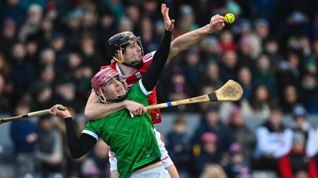Rob Downey of Cork in action against Shane O’Brien of Limerick during the Co-Op Superstores Munster Hurling League Group 2 match between Cork and Limerick at Páirc Ui Rinn in Cork. 