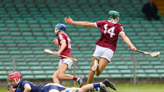 Aaron Niland of Galway celebrates after scoring his side's first goal during the 2022 Electric Ireland GAA Hurling All-Ireland Minor Championship Semi-Final match between Tipperary and Galway at the LIT Gaelic Grounds in Limerick. 