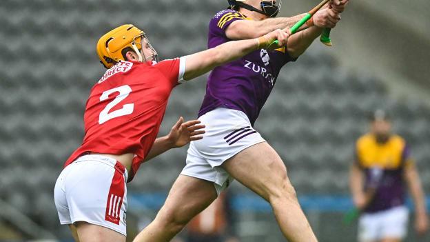 Rory Higgins, Wexford, and Niall O'Leary, Cork, in Allianz Hurling League action at Páirc Ui Chaoimh. Photo by Eóin Noonan/Sportsfile