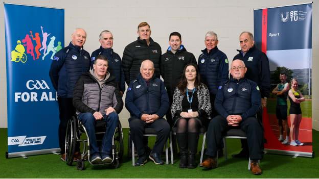 The GAA Wheelchair Sports Development Day at Croke Park took place in March. Back row: GAA Games for ALL Connacht representative Denis O'Boyle, GAA Games for ALL Connacht representative Tim Hynes, Ulster regional development officer Paul O’Callaghan, SETU Carlow sports director Donal McNally, GAA Games for ALL Leinster representative Brian Carberry, and GAA Games for ALL Leinster representative Pat Lynagh. Front row: GAA Games for ALL players representative Pat Carty, GAA Games for ALL chairperson Brian Armitage, GAA diversity and inclusion officer Geraldine McTavish, and GAA Games for ALL Munster representative Gerry McNamara. Photo by Seb Daly/Sportsfile