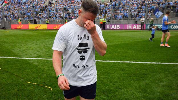 Philly McMahon pictured after Dublin's All-Ireland win over Tyrone wearing the t-shirt dedicated to his late father, Phil.