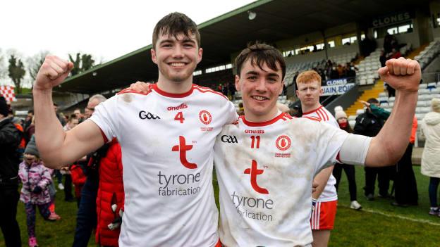 Matthew McCusker, left, and Darragh Canavan of Tyrone celebrate after the EirGrid Ulster GAA Football U20 Championship Final match between Tyrone and Donegal at St Tiernach's Park in Clones, Monaghan. 