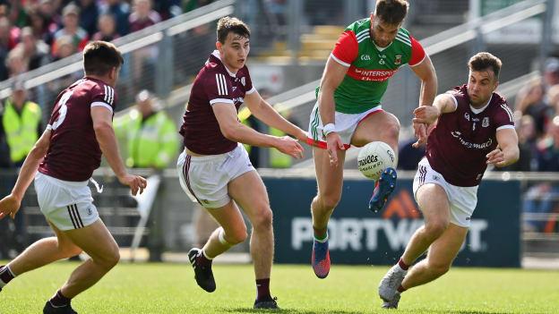 Aidan O'Shea, Mayo, and Galway's Seán Kelly, Matthew Tierney, and Paul Conroy in Connacht SFC action last year. Photo by Brendan Moran/Sportsfile