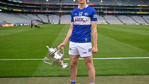 Evan O’Carroll of Laois poses for a portrait during the Tailteann Cup launch at Croke Park in Dublin. 