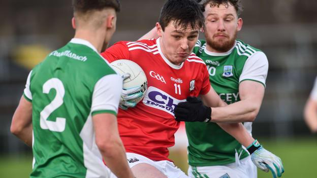 Eoghan McSweeney of Cork in action against Aidan Breen of Fermanagh during the Allianz Football League Division 2 Round 1 match between Fermanagh and Cork at Brewster Park in Enniskillen, Fermanagh. 