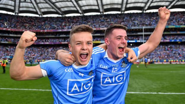 Eoin Murchan and Brian Howard, All Ireland Under 21 winners in 2017, celebrate earning a senior title in 2018 at Croke Park.