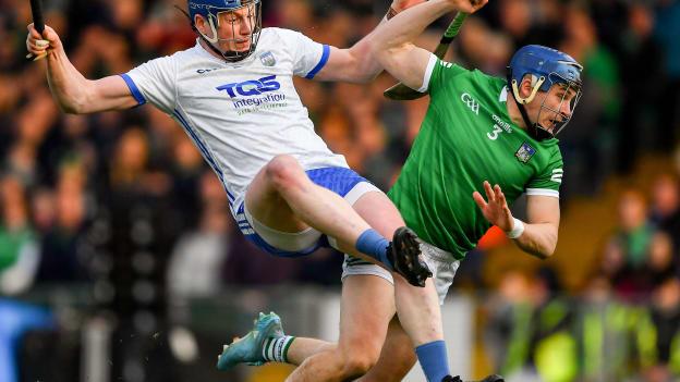 Mike Casey of Limerick and Austin Gleeson of Waterford collide during the Munster GAA Hurling Senior Championship Round 2 match between Limerick and Waterford at TUS Gaelic Grounds in Limerick. 