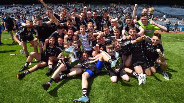 The Sligo hurling team celebrate after defeating Lancashire in the 2018 Lory Meagher Cup Final. 