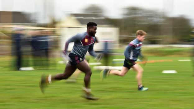 Boidu Sayeh of Westmeath warms up ahead of the Bord na Mona O'Byrne Cup semi-final match between Westmeath and Longford at Downs GAA Club in Westmeath.