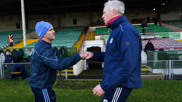 Tipperary manager Liam Sheedy, left, and Galway manager Shane O'Neill bump fists after the GAA Hurling All-Ireland Senior Championship Quarter-Final match between Galway and Tipperary at LIT Gaelic Grounds in Limerick. 