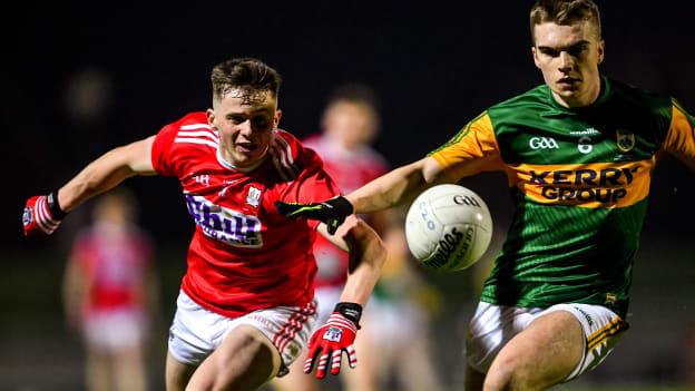Aodhan O Luasa, Cork, and Dylan Casey, Kerry, during the EirGrid Munster Under 20 Football Final at Austin Stack Park.