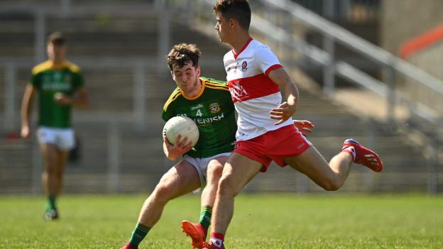 Ben Donnelly, Meath, and Conor Shiels, Derry, in Electric Ireland 2020 Minor Championship semi-final action.