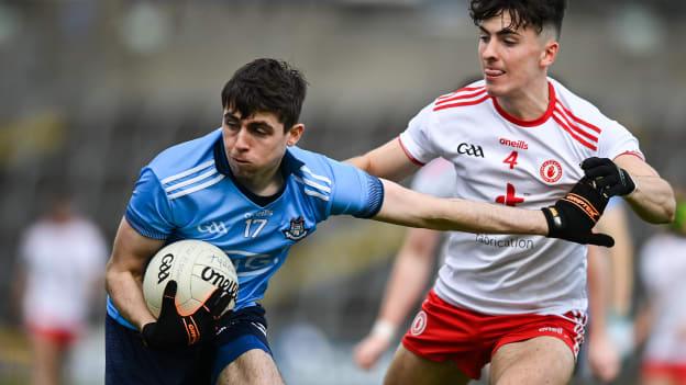 Brian O'Leary of Dublin in action against Matthew McCusker of Tyrone during the EirGrid GAA Football All-Ireland U20 Championship Semi-Final match between Dublin and Tyrone at Kingspan Breffni Park in Cavan.