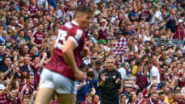 Galway manager Pádraic Joyce applauds following a Shane Walsh point against Kerry in the 2022 All-Ireland SFC Final at Croke Park.