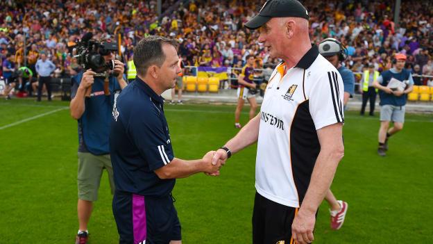 Davy Fitzgerald and Brian Cody shake hands at Nowlan Park following an exciting Leinster Senior Hurling Championship encounter in June, 2018.