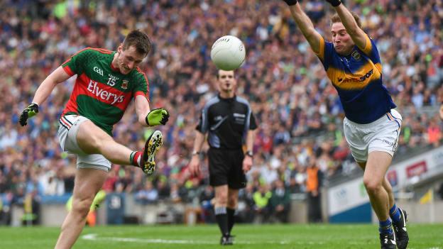 Cillian O’Connor of Mayo has his shot blocked by Tipperary's Bill Maher during the 2016 GAA Football All-Ireland Senior Championship Semi-Final game between Tipperary and Mayo at Croke Park in Dublin.