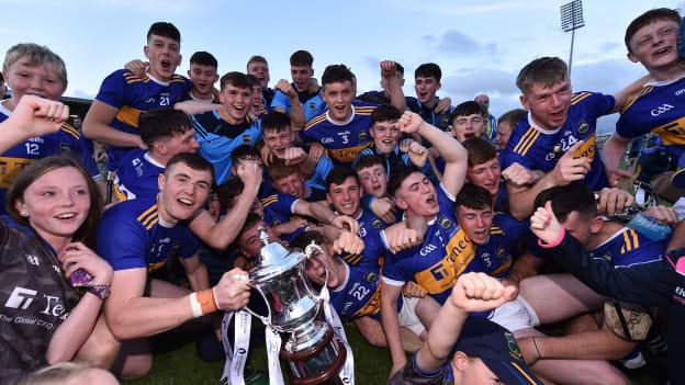 Paddy Cadell (holding the Cup) and his Tipperary team-mates celebrate after defeating Cork in the Bord Gáis Energy Munster U-20 Hurling Final. 