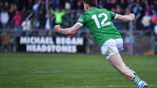 James Naughton celebrates after scoring the winning penalty for Limerick against Clare in the Munster Senior Football Championship at Cusack Park, Ennis.