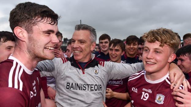 Sean Mulkerrin, Pádraic Joyce, and Conor Campbell celebrate following Galway's EirGrid Connacht Under 20 Championship win in 2019.