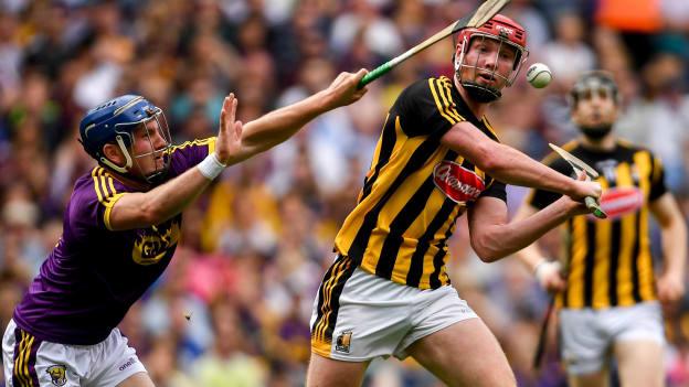 Kevin Foley of Wexford blocks a shot at goal by Adrian Mullen of Kilkenny during the 2019 Leinster GAA Hurling Senior Championship Final match between Kilkenny and Wexford at Croke Park in Dublin. 