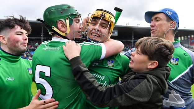Ronan Lynch and Thomas Grimes celebrate after Limerick defeated Kilkenny at Semple Stadium on Saturday.