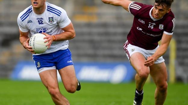Dessie Ward of Monaghan in action against Paul Conroy of Galway during the Allianz Football League Division 1 Relegation play-off match between Monaghan and Galway at St. Tiernach’s Park in Clones, Monaghan. 