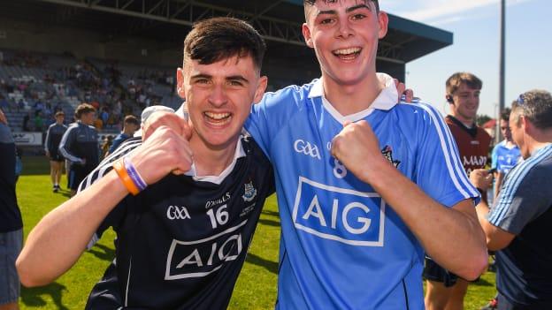 Dublin players Joe Murray, left, and Dublin captain Donal Leahy after the 2018 Electric Ireland Leinster GAA Hurling Minor Championship Final match between Dublin and Kilkenny at O'Moore Park in Portlaoise, Laois. 