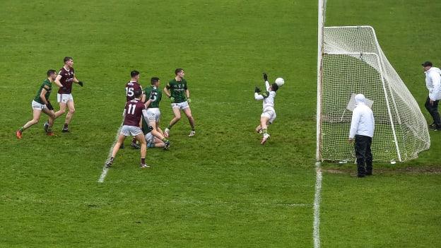 Tomo Culhane of Galway, 15, scores his side's first goal during the Allianz Football League Division 2 match between Galway and Meath at Pearse Stadium in Galway. 