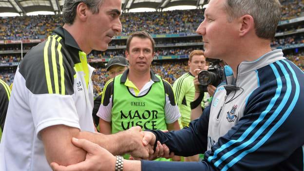 Dublin manager, Jim Gavin, congratulates Donegal manager, Jim McGuinness, after the 2014 All-Ireland SFC semi-final. 