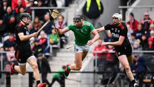 Gearoid Hegarty of Limerick in action against Mark Coleman, left, and Tim O’Mahony of Cork during the 2020 Allianz Hurling League Division 1 Group A Round 4 match between Cork and Limerick at Páirc Uí Chaoimh in Cork. 