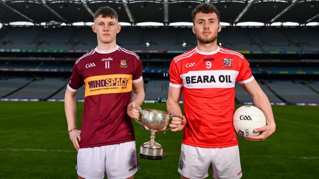 Pictured at the Masita GAA All-Ireland Post Primary Schools Championships captain's call at Croke Park in Dublin are Brendan Conway of Our Lady's Secondary School, Belmullet, and Fintan Fenner of Scoil Phobail Bheara, Cork.