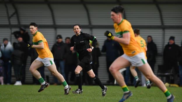 Referee Maggie Farrelly during the 2022 Allianz Football League Division 4 match between Leitrim and London at Connacht GAA Centre of Excellence in Bekan, Mayo. 