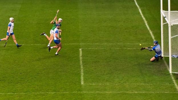Waterford goalkeeper Stephen O'Keeffe saves a shot at goal from Kyle Hayes of Limerick during the GAA Hurling All-Ireland Senior Championship Final match between Limerick and Waterford at Croke Park in Dublin. 