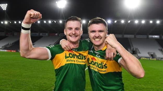 Clonmel Commercials man of the match Jason Lonergan, left, celebrates with team-mate Colman Kennedy, after victory over Nemo Rangers in the AIB Munster Club SFC Quarter-Final. 