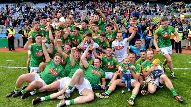 The Meath players celebrate with the Christy Ring Cup after victory over Down. 
