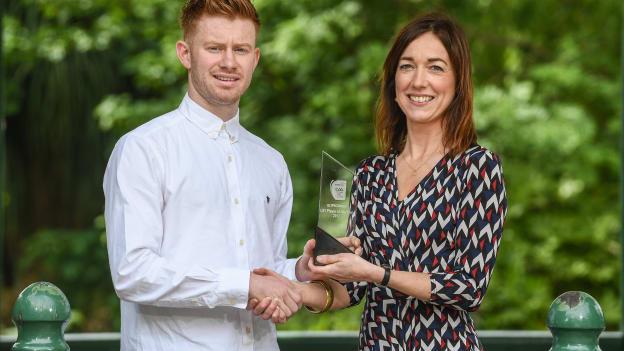 Aaron Byrne of Dublin is presented his EirGrid U21 Player of the Year award and his EirGrid U21 21 award for his outstanding contribution in the 2017 EirGrid GAA Football U21 Championship by Valerie Hedin, External Communications Manager, EirGrid. 