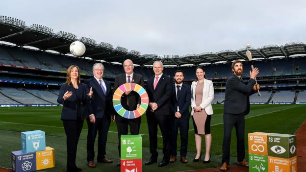 A new GAA Green Club programme will see 45 clubs and two regional venues participate in a 12-month initiative to assist the GAA, LGFA, and Camogie, develop a sustainability toolkit for all their units. Pictured at Croke Park last year when the GAA and local authorities pledged to work together as SDG champions of the Irish government, are: LGFA CEO Helen O'Rourke, Chairman of CCMA Michael Walsh, Uachtarán Chumann Lúthchleas Gael John Horan, Chairman of Local Authority Climate Change Steering Group Ciarán Hayes, Camogie Operations Manager Alan Malone, DCCAE Katie Aherne, and former Wexford hurler Diarmuid Lyng.