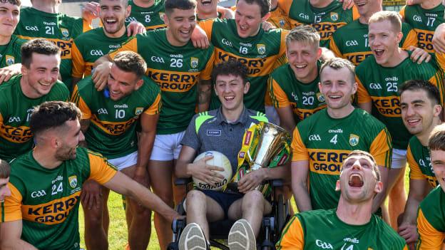 Injured Kerry footballer Seán O'Leary joins team-mates for a photograph after the 2021 Munster GAA Football Senior Championship Final match between Kerry and Cork at Fitzgerald Stadium in Killarney, Kerry. 