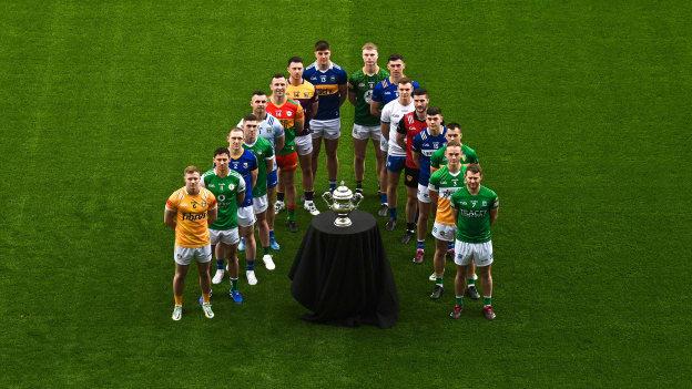 In attendance are players, from left, Peter Healy of Antrim, Chris Farley of London, Paddy Fox of Longford, Paul Maher of Limerick, Raymond Galligan of Cavan, Darragh Foley of Carlow, Eoghan Nolan of Wexford, Stephen O’Brien of Tipperary, Matthew Costello of Meath, Padraig O’Toole of Wicklow, Dermot Ryan of Waterford, Niall McParland of Down, Mark Barry of Laois, Paddy Maguire of Leitrim, Declan Hogan of Offaly, Declan McCusker of Fermanagh, during the Tailteann Cup launch at Croke Park in Dublin. Photo by David Fitzgerald/Sportsfile