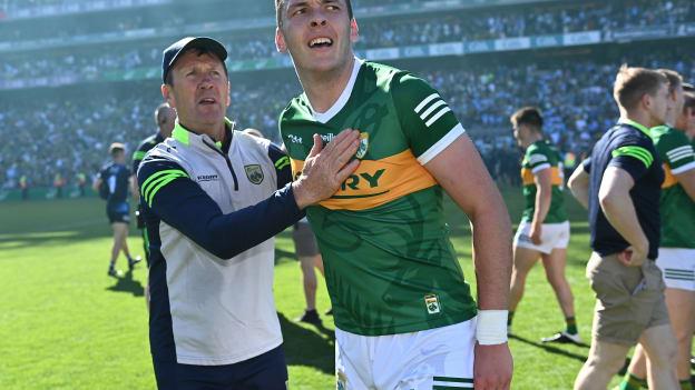 Kerry manager Jack O'Connor congratulates David Clifford after Kerry's All-Ireland SFC semi-final victory over Dublin. 