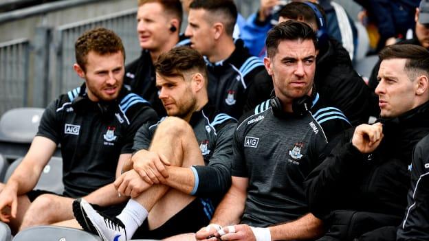 Dublin players, from left, Jack McCaffrey, Kevin McManamon, Michael Darragh Macauley and Philly McMahon get ready to watch some of the second half of the minor game before the GAA Football All-Ireland Senior Championship Semi-Final match between Dublin and Mayo at Croke Park in Dublin. 