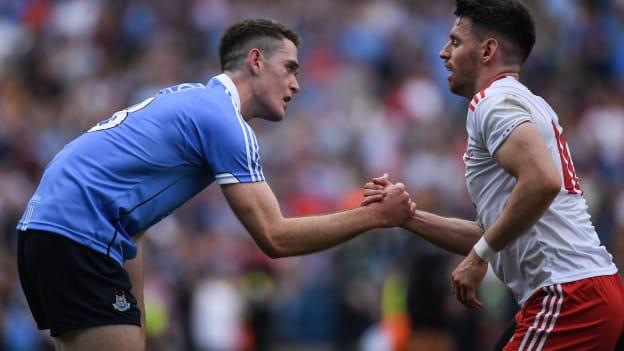 Brian Fenton, Dublin, and Mattie Donnelly, Tyrone, following the 2018 All Ireland SFC Final at Croke Park.