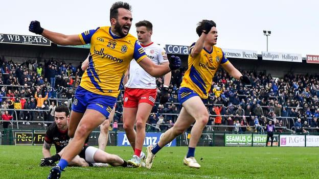 Donie Smith of Roscommon, left, celebrates his side's third goal, scored by teammate Ben O’Carroll, right, during the Allianz Football League Division 1 match between Roscommon and Tyrone at Dr Hyde Park in Roscommon. 