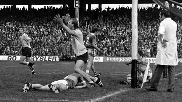 Brian Mullins celebrates after scoring Dublin's third goal in the 1976 All-Ireland SFC Final. 