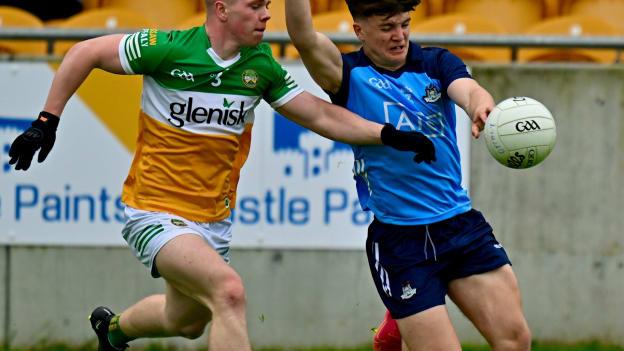 Dublin corner forward Paddy Curry, seen here battling with Offaly's Patrick Kenna, scored two goals in the Electric Ireland Leinster MFC semi-final at Glenisk O'Connor Park tonight. Picture courtesy of Paul Lundy, Dublin. 