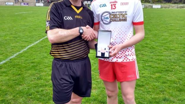Derry's Kosta Papachristopoulos presented with the Best and Fairest Award after victory over Antrim in the Bank of Ireland Celtoic Challenge. 