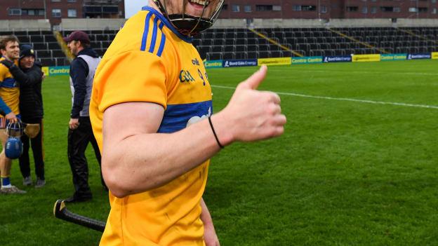 Tony Kelly of Clare celebrates after the GAA Hurling All-Ireland Senior Championship Qualifier Round 2 match between Wexford and Clare at MW Hire O'Moore Park in Portlaoise, Laois.