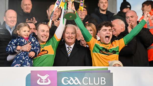 Dunloy Cuchullains joint-captains Paul Shiels, left, and Ryan Elliott lift the trophy after the AIB Ulster GAA Hurling Senior Club Championship Final match between Dunloy Cuchullains of Antrim and Slaughtneil of Derry at Athletics Grounds in Armagh.