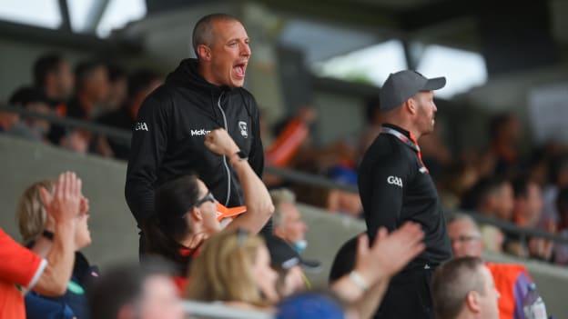 Armagh coach Kieran Donaghy celebrates a point during the Allianz Football League Division 1 Relegation play-off match between Armagh and Roscommon at Athletic Grounds in Armagh. 