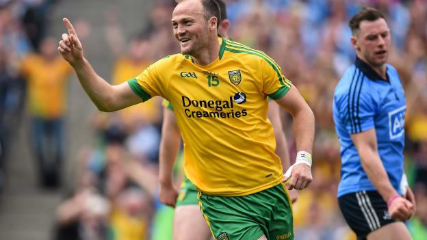 Colm McFadden celebrates after scoring his side's third goal in the 2014 All-Ireland SFC semi-final against Dublin. 